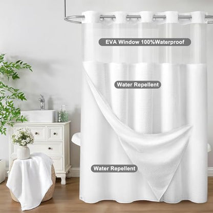 No Hook Shower Curtain with Liner Hotel Waffle EVA Window White 72W X 75L