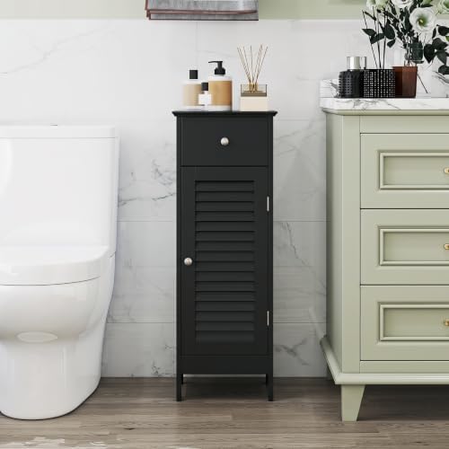 GIANTEX Bathroom Floor Storage Cabinet with Louvered Door and Drawer, Black
