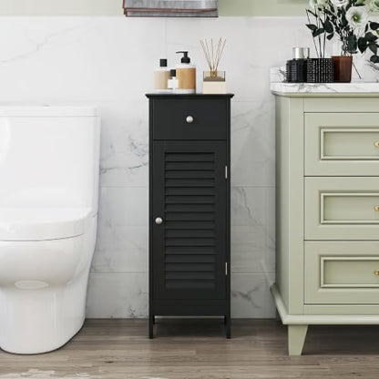GIANTEX Bathroom Floor Storage Cabinet with Louvered Door and Drawer, Black