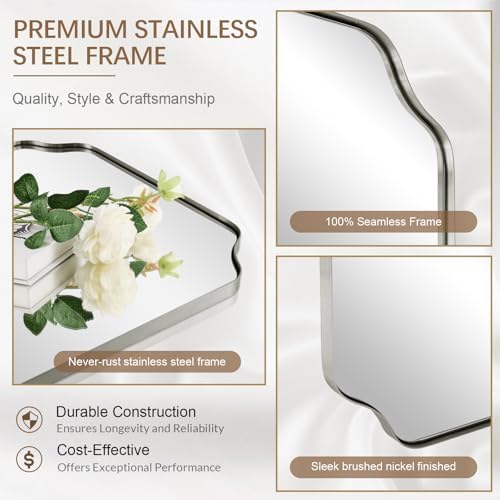 ANDY STAR 30x48 Inch Brushed Nickel Mirror, Large Silver Rectangle Mirror, Unique Scalloped Edge Design with Anti-Rust Stainless Steel Metal 1’’ Frame, Wall Mounts Vertically or Horizontally