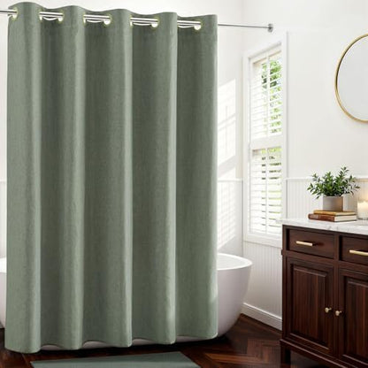 River Dream Linen Textured No Hooks Shower Curtain with Liner,Green,71x74
