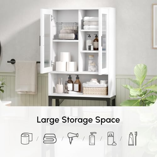 USHOWER White Over The Toilet Storage Cabinet with Glass Doors