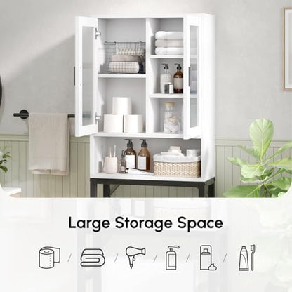 USHOWER White Over The Toilet Storage Cabinet with Glass Doors