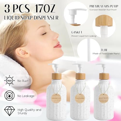 Bathroom Accessories Set White Bathroom Set with Trash Can,3PCS Lotion Soap Dispenser, Toothbrush Holder, Soap Dish,Tumbler Cup,6pcs Wood Tags White Bath Accessories with Tray for Bathroom Decor