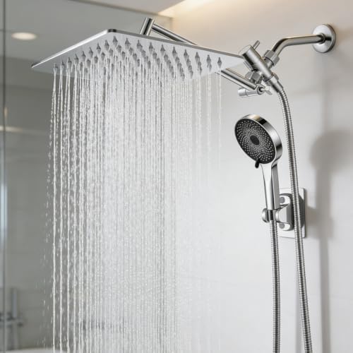 Shower Head, Rain Shower Head with Handheld Spray Combo, 12Inch Adjustable High Pressure Rainfall Shower Head, Dual Showerhead Set with Extension Arm