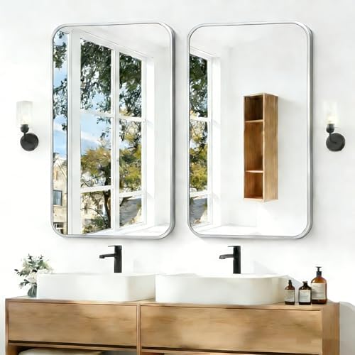 BONEWEI Silver Bathroom Mirror,24x40 inch Wall Mirror for Bathroom Wall Mounted,Rectangle Mirror for Bathroom Over Sink,Modern Frame Round Corner for Living Room,Bedroom Entryway,Horizontal/Vertical