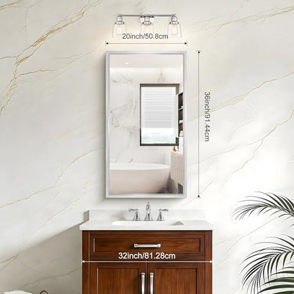 20x36 Silver Bathroom Mirror, Brushed Silver Rectangular Mirror for Wall, 0.6" Thickened Deep Frame Mirrors for Bathroom Sink, Shatterproof Tempered Glass, Antirust, Horizontally or Vertically