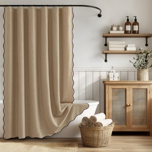 ANRODUO Khaki Scalloped Linen Textured Shower Curtain, W72 x L84