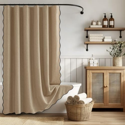 ANRODUO Khaki Scalloped Linen Textured Shower Curtain, W72 x L84