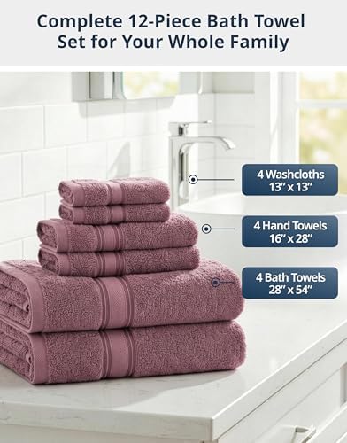 LANE LINEN Bath Towel Set 100% Cotton 12 Piece Soft - Wishful Mauve