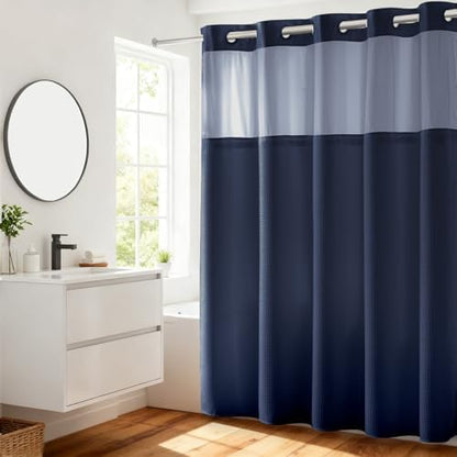 River Dream Waffle No Hook Shower Curtain with Liner,Navy Blue,71x74