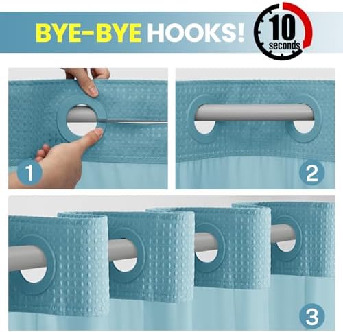 SORTTO No Hook Waffle Shower Curtain with Snap in Liner Set, 71x74, Cyan