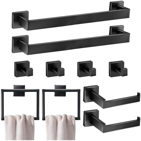 10 Pieces Bathroom Hardware Accessories Set 16 Inch Wall Mounted Towel Bar Set Matte Black Towel Rack Rings Stainless Steel Toilet Paper Holder Bath Coat Hooks