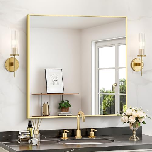 COFENY Gold Bathroom Mirror for Wall, 30x30 Inch Square Mirrors with Metal Frame, Modern Vanity Wall Mirror Decor for Bathroom Living Room, Entryway Hangs Horizontal or Vertical