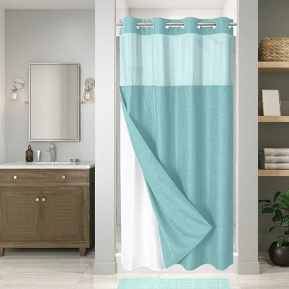 eachope No Hook Linen Texture Shower Curtain with Snap-in Liner,54x80 Teal