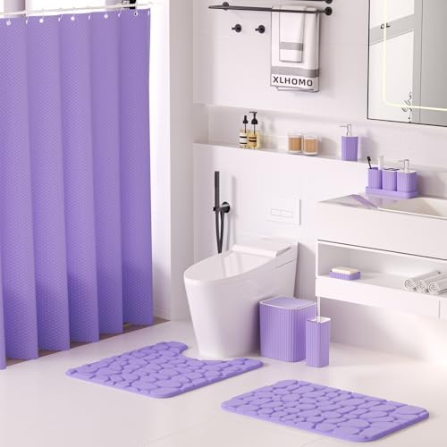XLHOMO Bathroom Accessories Set - 25PC Bathroom Sets with Shower Curtain and Rugs, Purple Bathroom Accessories with Trash Can, Soap Dispenser, Soap Dish & Toilet Brush