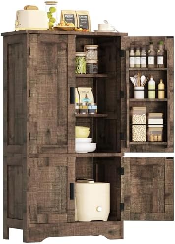 43”H Pantry Cabinet with 4 Doors, Kitchen Cabinet with 6 Door Shelves