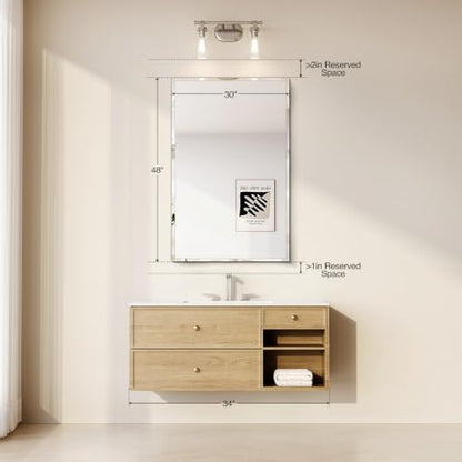 Frameless Bathroom Mirror 30"x48", Beveled Bathroom Mirror
