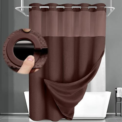 No Hook Shower Curtain with Liner Set Hotel Waffle Curtain Brown 72W X 75L