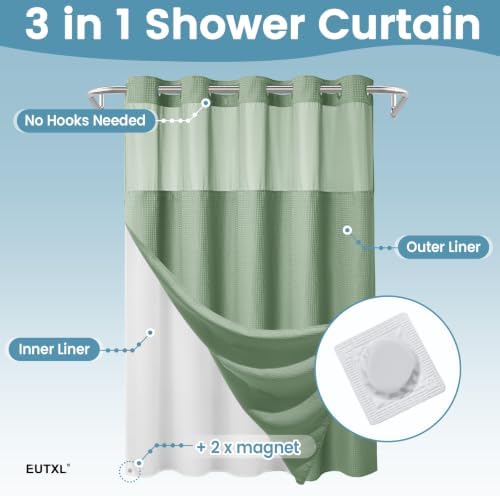 EUTXL Heavyweight No Hook Shower Curtain with Liner, Sage Green,71x86