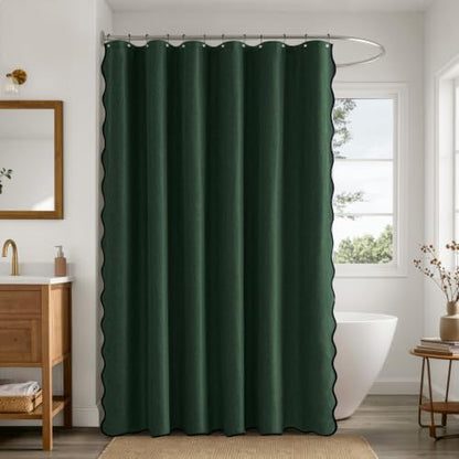 ANRODUO Dark Green Scalloped Linen Textured Shower Curtain, W72 x L72