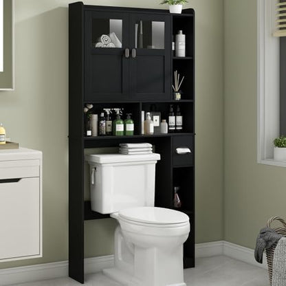 Vabches Over The Toilet Storage Cabinet with Doors and Shelves, Black