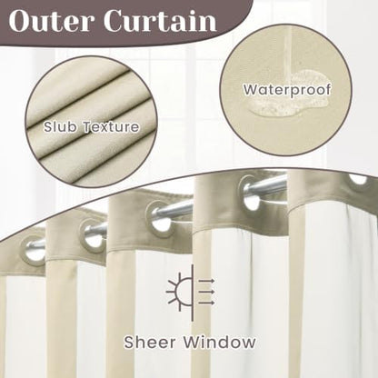 SORTTO No Hook Slub Shower Curtain with Liner, 71x86, Linen