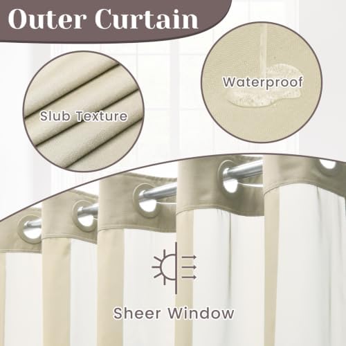 SORTTO No Hook Slub Shower Curtain with Liner, 71x74, Linen