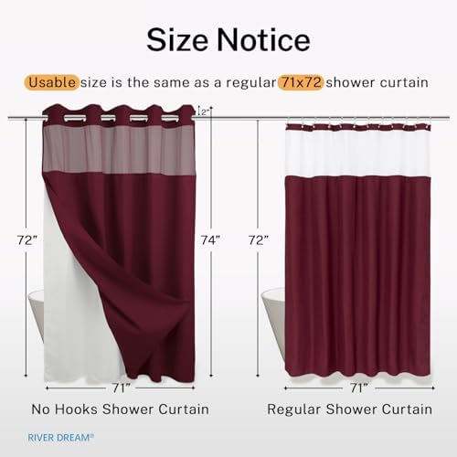 River Dream Waffle No Hook Shower Curtain with Liner,Red Rio,71x74