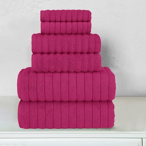 Elegant Comfort 100% Turkish Cotton Corduroy Ribbed Luxury Bath Towels 6-Piece Set, Premium Feel - Quick Dry, Highly Absorbent, Contains 2 Bath Towels, 2 Hand Towels, and 2 Washcloths, Hot Pink