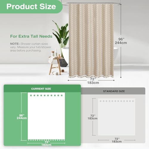 Dynamene Extra Long Boho Shower Curtain Tufted Chevron 72"x96" Beige