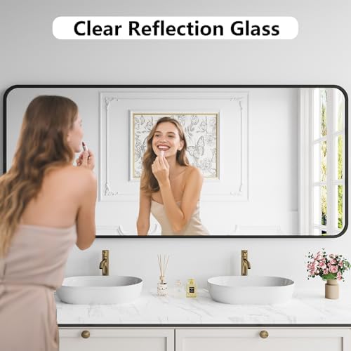 Koonmi Bathroom Mirror, 32X72 Brushed Black Rectangle Wall Mirror, HD Tempered Glass, Anti-Rust Frame Vanity Mirror, Rounded Rectangle Mirror for Restroom, Bedroom, Hangs Horizontal or Vertical