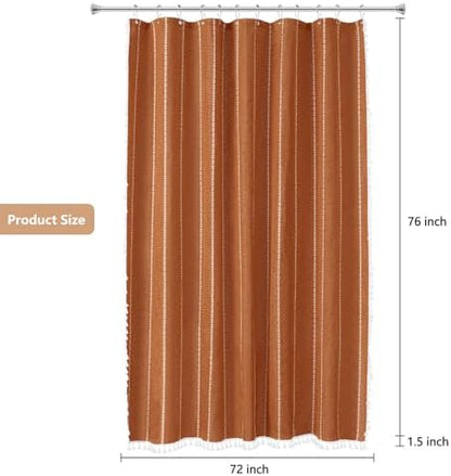 Seenus 72 x 76 inch Extra Long Boho Chic Shower Curtain Heavyweight with Tassels, Sunset Orange Linen Textured Fabric Farmhouse Shower Curtain, Elegant White Striped Bathroom Curtain Water Repellent