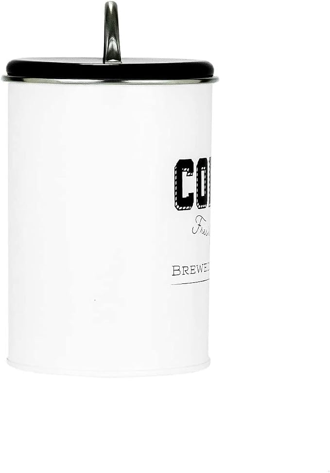 Amici Home Cottage Metal Coffee Canister (Small) - 42 oz Modern Black & White Tin with Handle Lid, Classic Typography Design for Coffee Storage - Rustic Kitchen Storage, Holiday Coffee Bar Decor