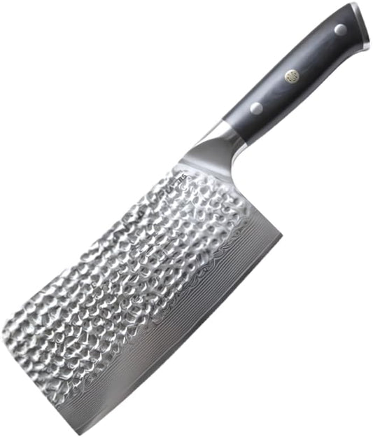 KANKA Grill 7" Damascus Steel Meat Cleaver Knife - Heavy Duty Butcher, Chopper, Razor Sharp, 67 Layers, G10 Black Fiberglass Handle, High Carbon Blade for Meat, Vegetables & Bone Cutting