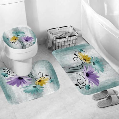 Onalasyc 4PCS Blue Green Daisy Bathroom Sets with Shower Curtain and Rugs