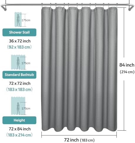 Vipfree 3 in 1 Shower Curtain Set, Waffle Shower Curtain and Liner Set with 12 Double Sided Shower Curtain Hooks, 258GSM Luxury Weighted Cloth Shower Curtains for Bathroom, 72 W x 84 H, Grey