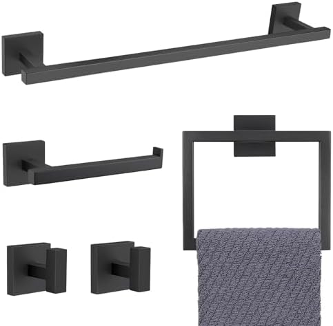 YACVCL Black Towel Bar Set 5-Piece Bathroom Hardware Accessories Set,SUS304 Stainless Steel Towel Rack Set,23.6 Inch Towel Bar,Toilet Paper Holder,Towel Ring and Towel Hooks,Wall Mounted
