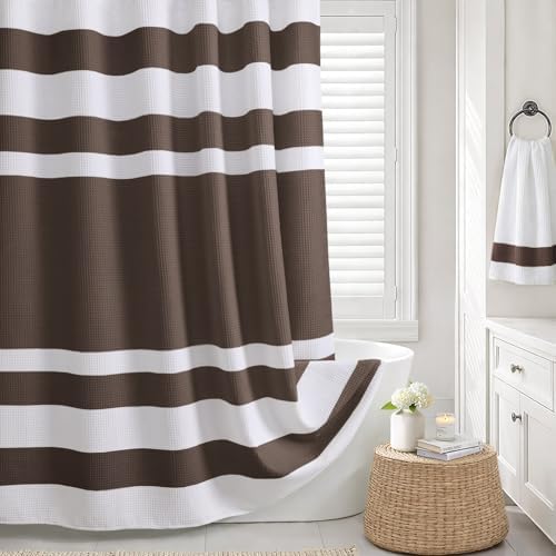 Waffle Weave Shower Curtain Heavyweight Cotton Fabric Brown 72Wx72L