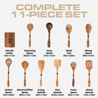 Armandine Premium Teak Wooden Spoons for Cooking 11-Piece - Non-Stick & Non-Scratch Wooden Cooking Premium Utensils Set - Heat Resistant Kitchen Utensils Set