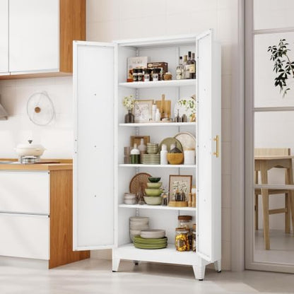 71" Metal Storage Cabinet with 2 Doors and 4 Adjustable Shelves,White Farmhouse Kitchen Pantry Cabinet,Steel Garage Tool Cabinet,File Cabinetfor Home,Office,Dinning Living Room,Warehouse