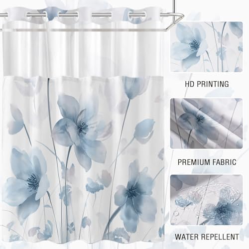 No Hook Shower Curtain and Liner Set, Blue Boho Floral 71x74