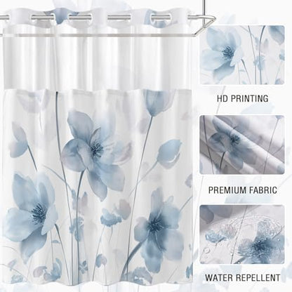 No Hook Shower Curtain and Liner Set, Blue Boho Floral 71x74