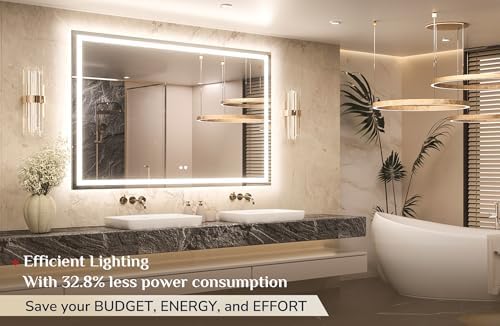 Keonjinn 60x40 Inch LED Bathroom Mirror with Lights, HD Tempered Grass