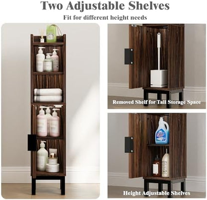 FerniTry Small Bathroom Storage Cabinet, Corner Floor Cabinet with Door and Shelves, Narrow Toilet Paper Cabinet, Bathroom Organizer with Adjustable Shelf, for Small Spaces (Walnut)