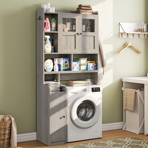 Itaar Over The Toilet Storage Cabinet, Over Toilet Bathroom Organizer with Glass Doors & Toilet Paper Holder Stand, Home Space-Saving Toilet Rack, for Bathroom, Restroom, Laundry, Grey