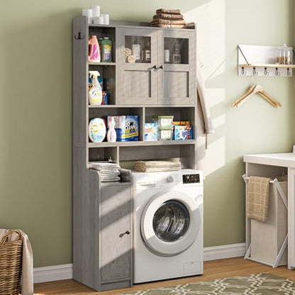 Itaar Over The Toilet Storage Cabinet, Over Toilet Bathroom Organizer with Glass Doors & Toilet Paper Holder Stand, Home Space-Saving Toilet Rack, for Bathroom, Restroom, Laundry, Grey
