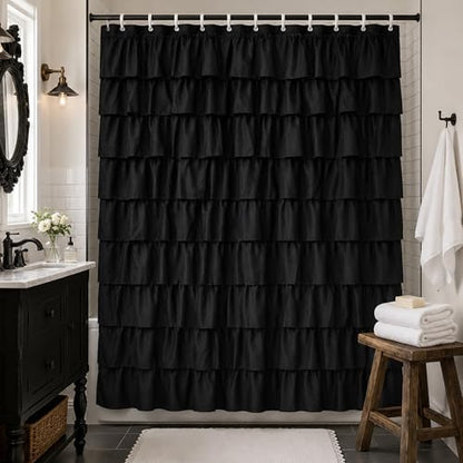 Black Ruffle Shower Curtain for Bathroom, 72x72, Cascading Layered Ruffles
