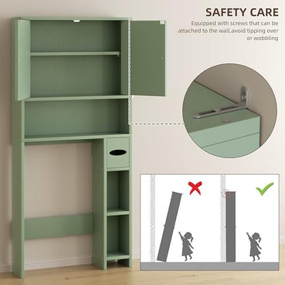 Shintenchi Over the Toilet Storage Cabinet, Bathroom Storage Cabient with Barn Doors, Bathroom Storage Shelf Organizer with Toilet Paper Holder, Adjustable Shelf and Anti-Tip Device, Green
