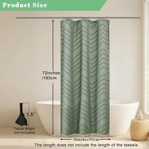 OWENIE Small Boho Stall Shower Curtain, Sage Green Fabric Cloth Stall Shower Curtain 36 x 72 Half Size with Tassel Tufted Chevron Striped Textured Modern Farmhouse for Bathroom, Machine Washable